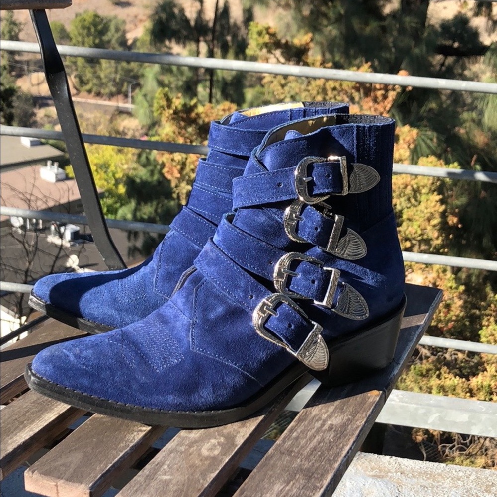 Toga Pulla 4-Buckle Blue Suede Western Boots